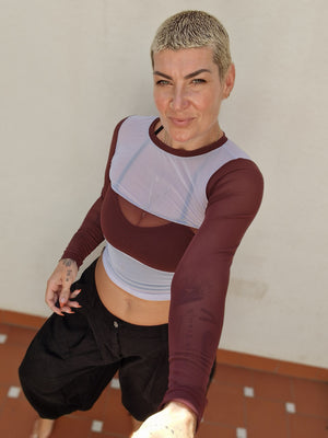 Mesh Top long sleeve in Sky and Pecan and Sky