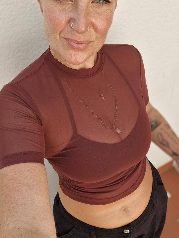 Mesh Top short sleeve in Pecan