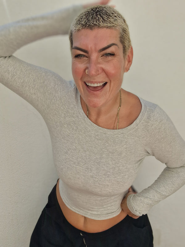 Soft Life Boat Neck Mid Crop Ecovero Top in Grey Marl
