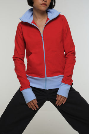New Zip Jacket in red with pastel blue rib