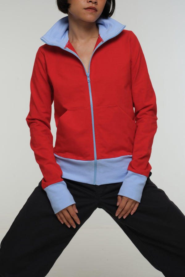New Zip Jacket in red with pastel blue rib