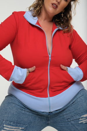 New Zip Jacket in red with pastel blue rib