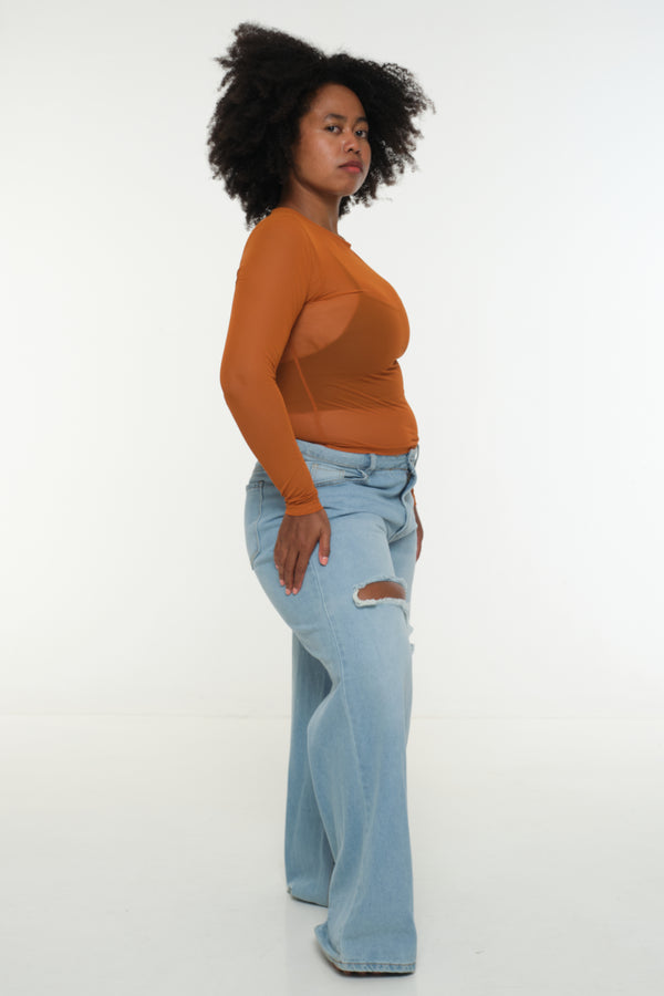 Mesh Top long sleeve in Pumpkin