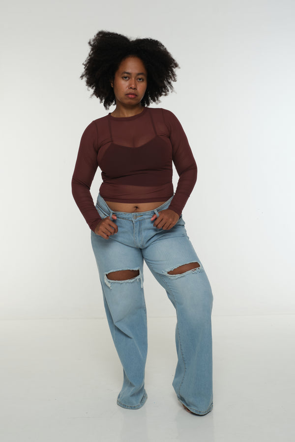 Mesh Top long sleeve in Pecan