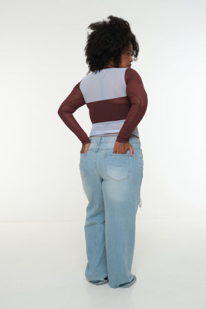 Mesh Top long sleeve in Sky and Pecan and Sky