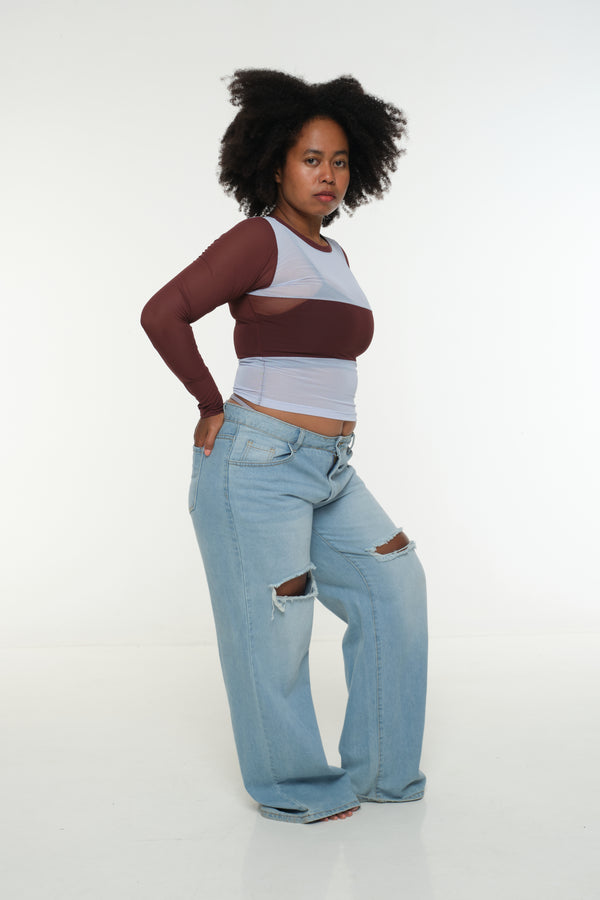 Mesh Top long sleeve in Sky and Pecan and Sky