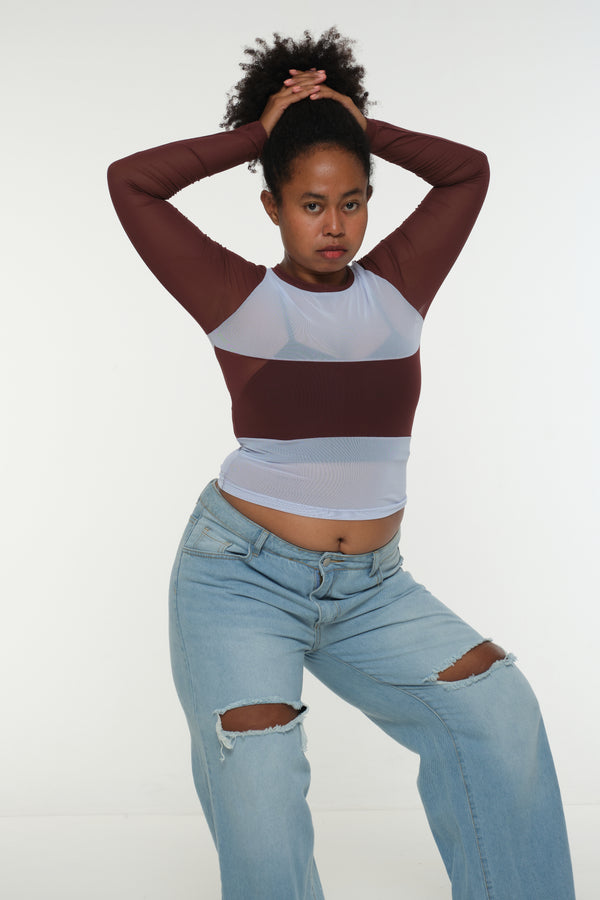 Mesh Top long sleeve in Sky and Pecan and Sky