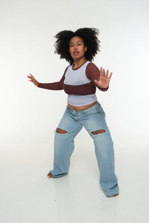 Mesh Top long sleeve in Sky and Pecan and Sky