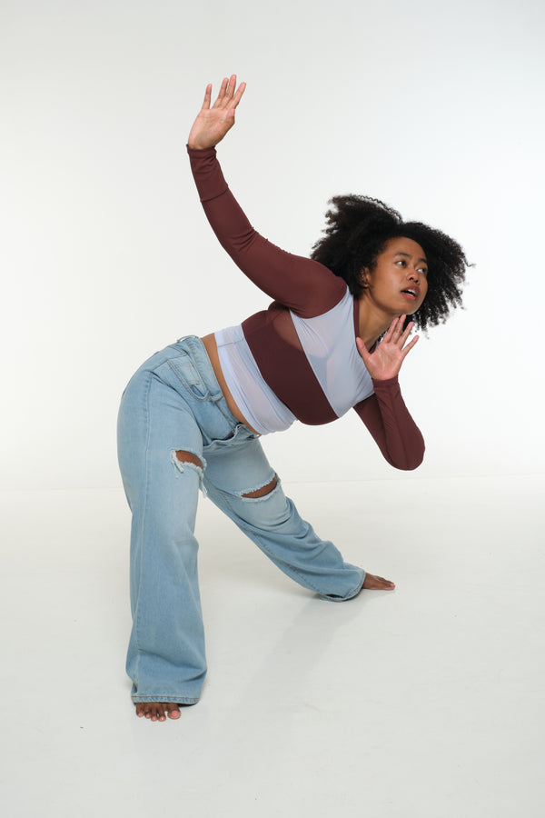 Mesh Top long sleeve in Sky and Pecan and Sky