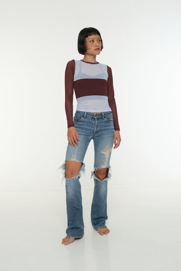 Mesh Top long sleeve in Sky and Pecan and Sky