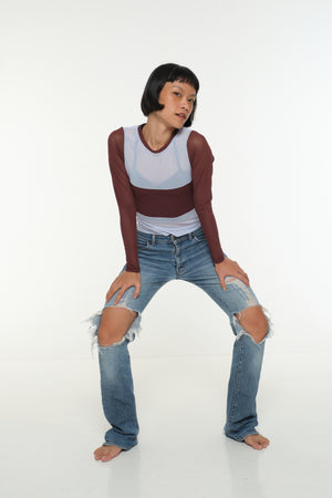 Mesh Top long sleeve in Sky and Pecan and Sky