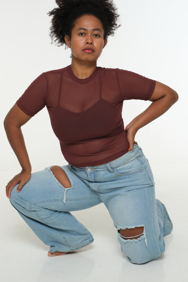 Mesh Top short sleeve in Pecan
