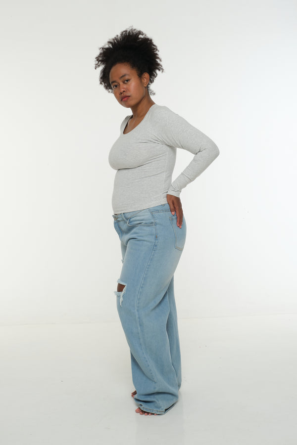 Soft Life Boat Neck Mid Crop Ecovero Top in Grey Marl