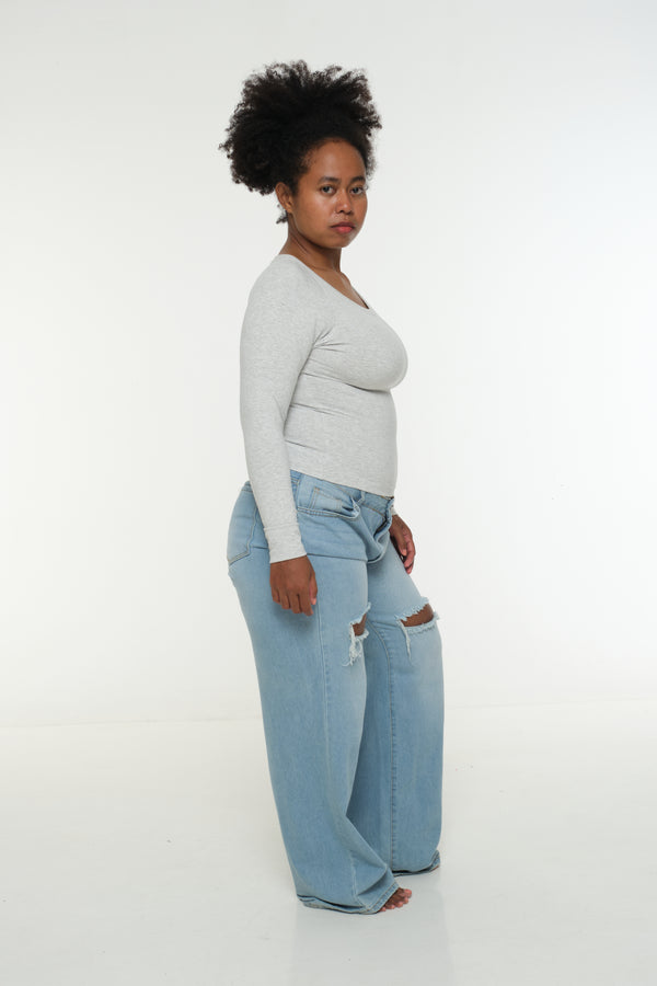 Soft Life Boat Neck Mid Crop Ecovero Top in Grey Marl