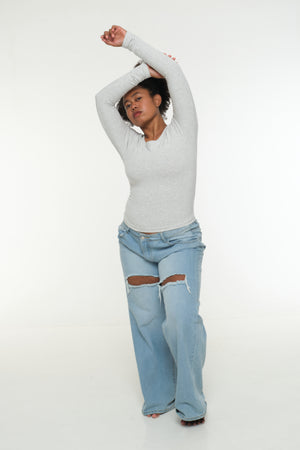 Soft Life Boat Neck Mid Crop Ecovero Top in Grey Marl