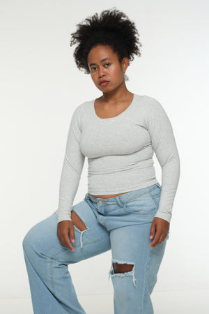 Soft Life Boat Neck Mid Crop Ecovero Top in Grey Marl