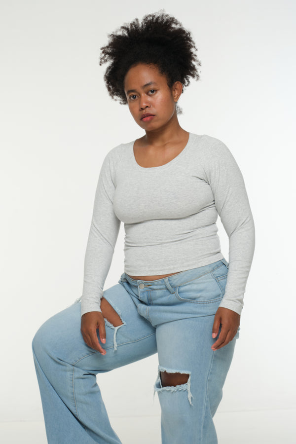 Soft Life Boat Neck Mid Crop Ecovero Top in Grey Marl