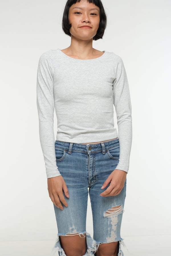 Soft Life Boat Neck Mid Crop Ecovero Top in Grey Marl