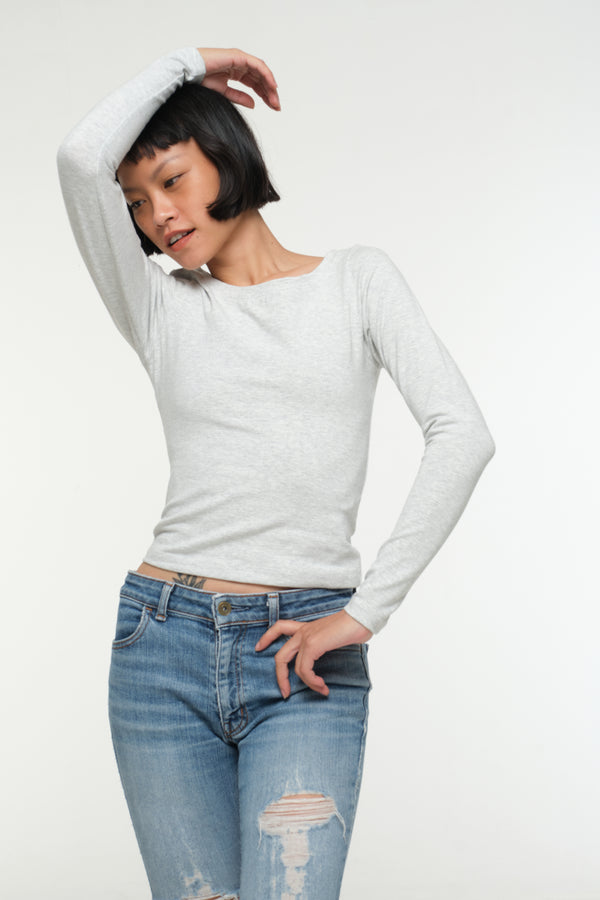 Soft Life Boat Neck Mid Crop Ecovero Top in Grey Marl
