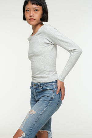Soft Life Boat Neck Mid Crop Ecovero Top in Grey Marl