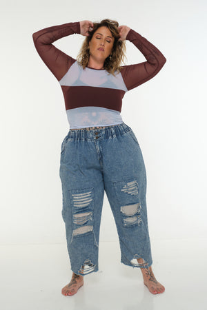Mesh Top long sleeve in Sky and Pecan and Sky