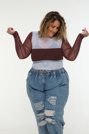 Mesh Top long sleeve in Sky and Pecan and Sky