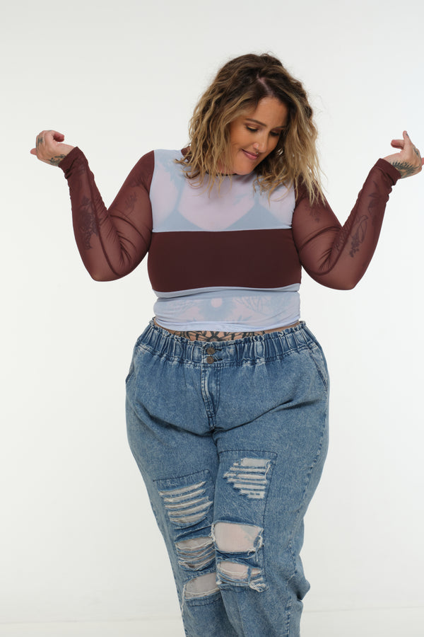 Mesh Top long sleeve in Sky and Pecan and Sky