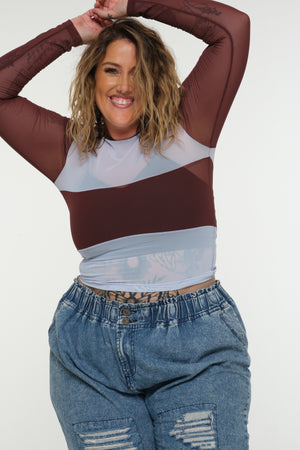 Mesh Top long sleeve in Sky and Pecan and Sky