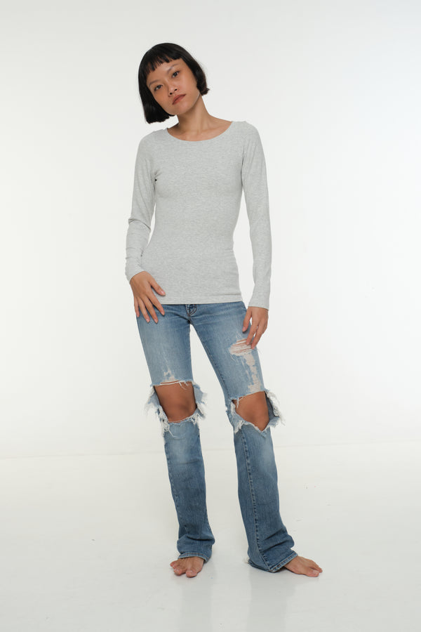 Soft Life Boat Neck Full Length Top in Ecovero in Grey Marl