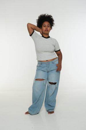 Soft Life Core Tee Mid Crop Ecovero i Top in Grey/ Marl and Black rib