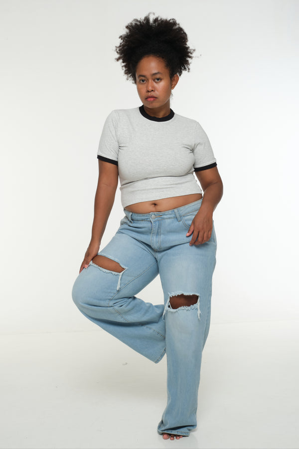 Soft Life Core Tee Mid Crop Ecovero i Top in Grey/ Marl and Black rib