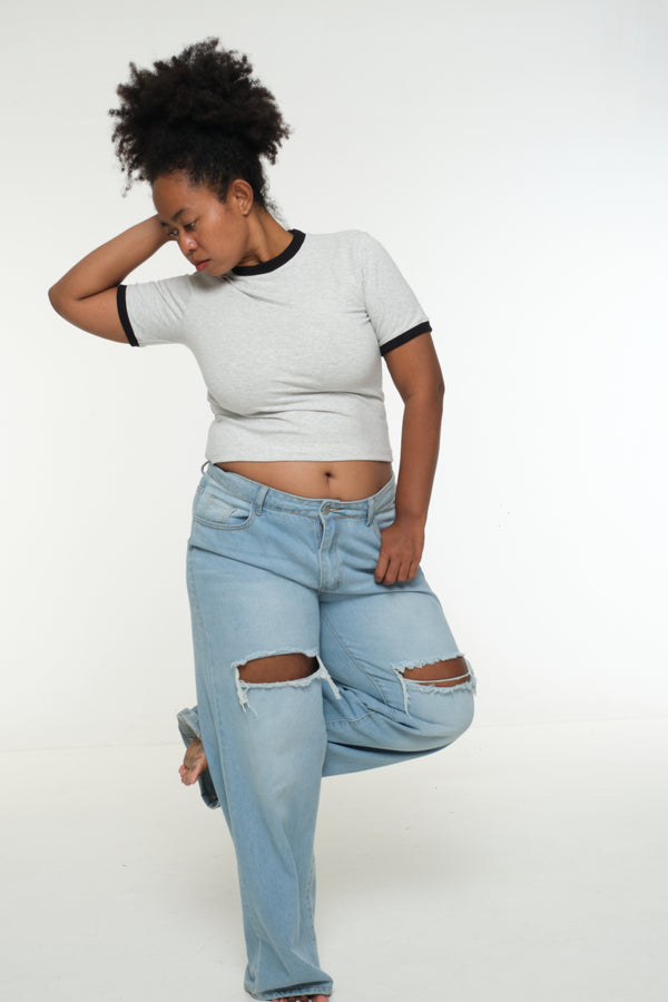 Soft Life Core Tee Mid Crop Ecovero i Top in Grey/ Marl and Black rib