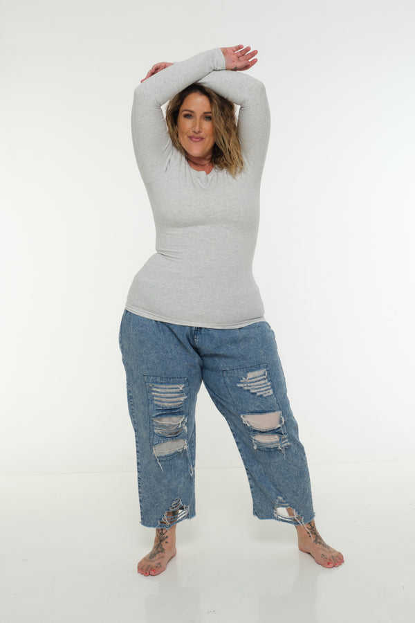 Soft Life Boat Neck Full Length Top in Ecovero in Grey Marl