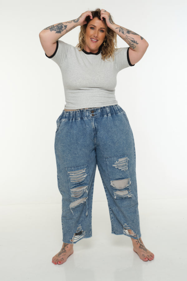 Soft Life Core Tee Mid Crop Ecovero i Top in Grey/ Marl and Black rib
