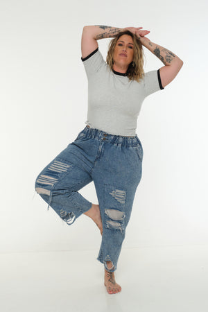 Soft Life Core Tee Mid Crop Ecovero i Top in Grey/ Marl and Black rib