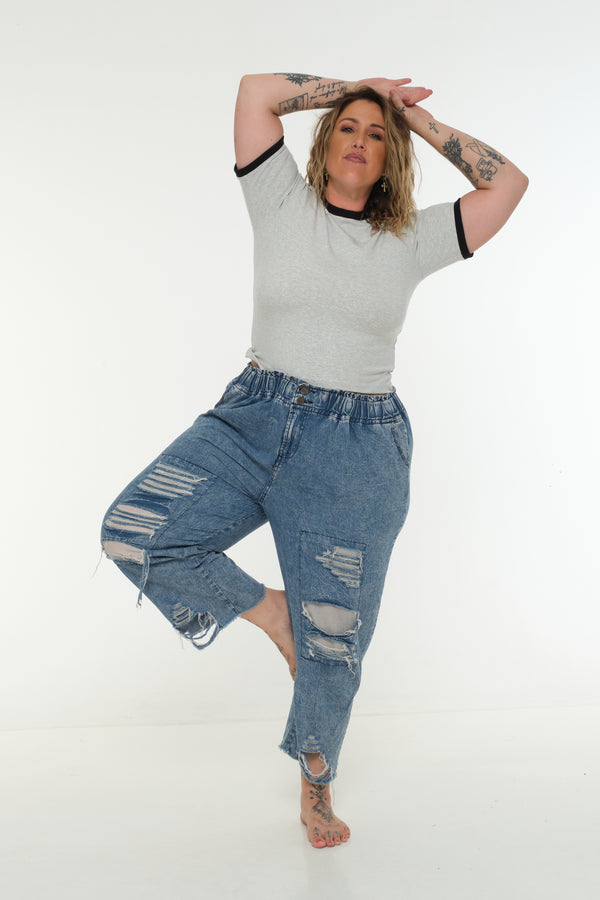 Soft Life Core Tee Mid Crop Ecovero i Top in Grey/ Marl and Black rib