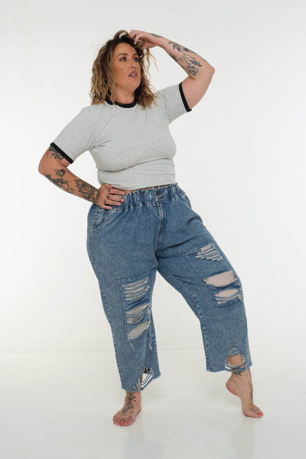 Soft Life Core Tee Mid Crop Ecovero i Top in Grey/ Marl and Black rib