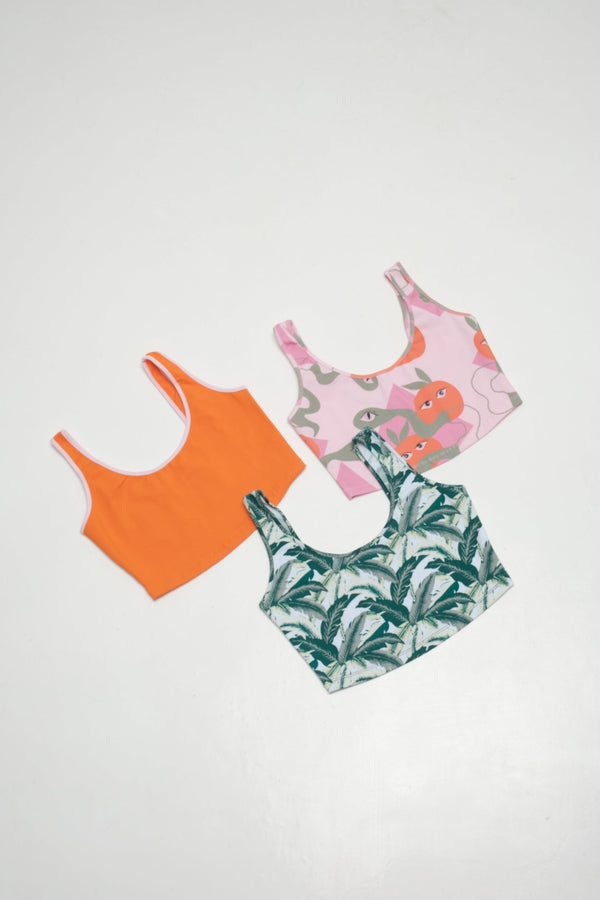 API CROP 3 PACK: in Tutti Fruity / Green Leaf / Forbidden Fruit print - Manners London