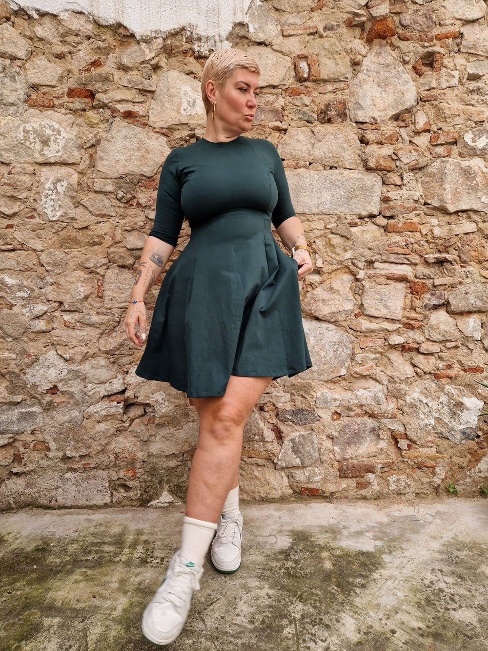 Asri Leki Mini Dress 3/4 sleeves in Forest Green - Manners London