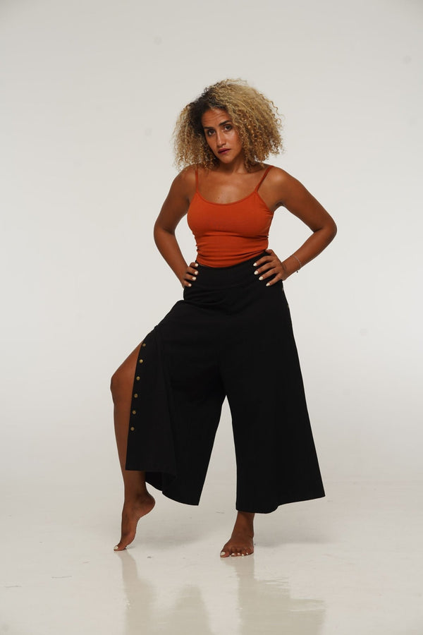 Asri Wide Leg Cropped Popper Pants in Black - Manners London