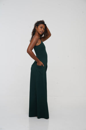 Asri Wide Leg Jumpsuit Petite with pockets in Forest Green - Manners London