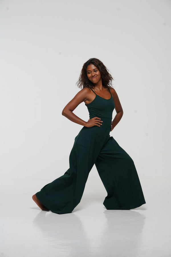 Asri Wide Leg Jumpsuit Petite with pockets in Forest Green - Manners London