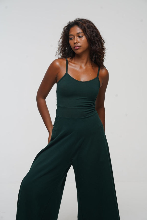 Asri Wide Leg Jumpsuit with pockets in Forest Green - Manners London