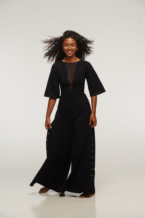 Asri Wide Leg Popper Pants in Black - Manners London