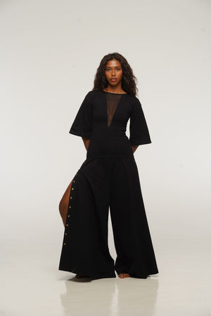 Asri Wide Leg Popper Pants in Black - Manners London