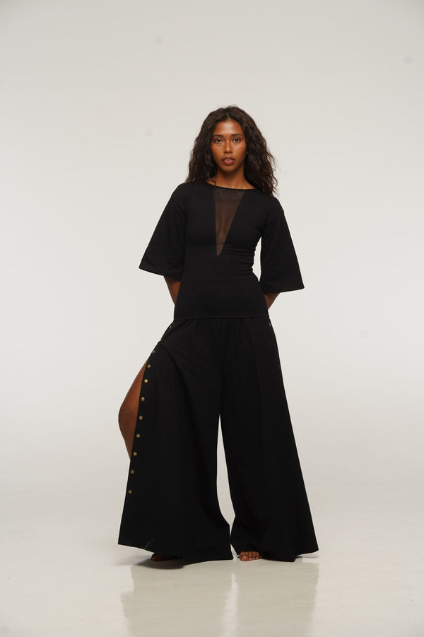 Asri Wide Leg Popper Pants in Black - Manners London