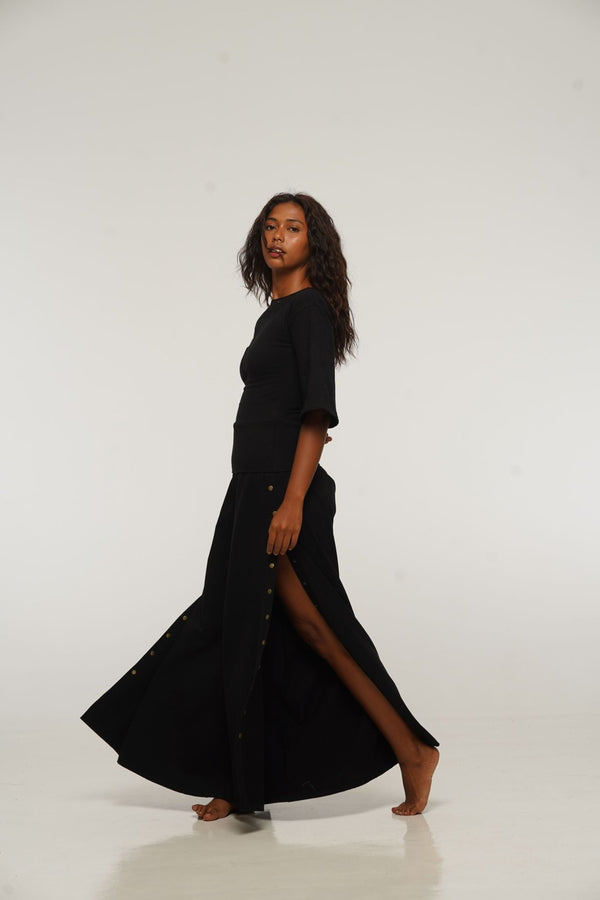 Asri Wide Leg Popper Pants in Black - Manners London