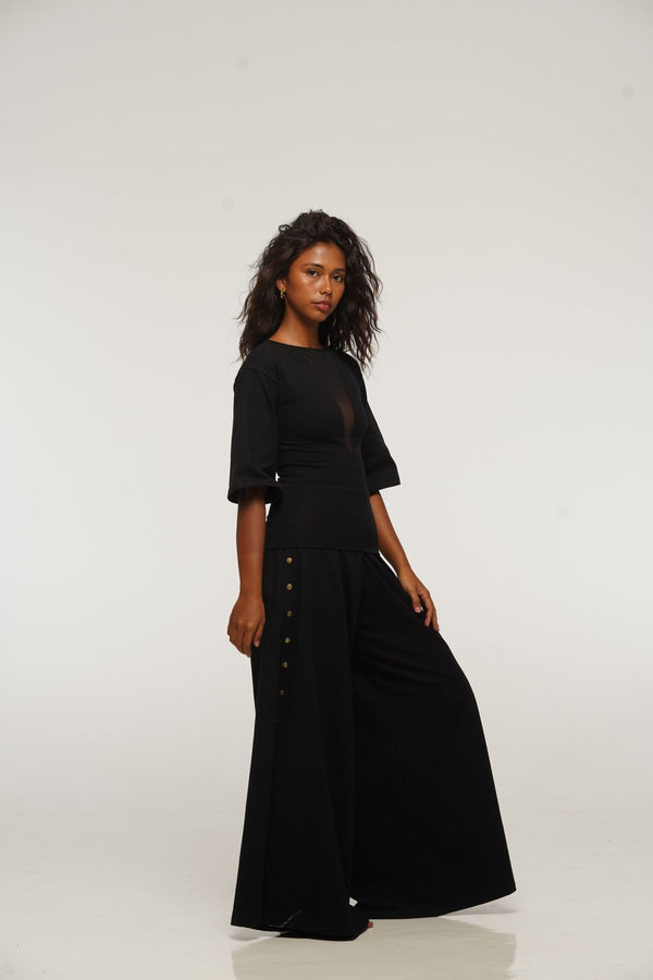 Asri Wide Leg Popper Pants in Black - Manners London