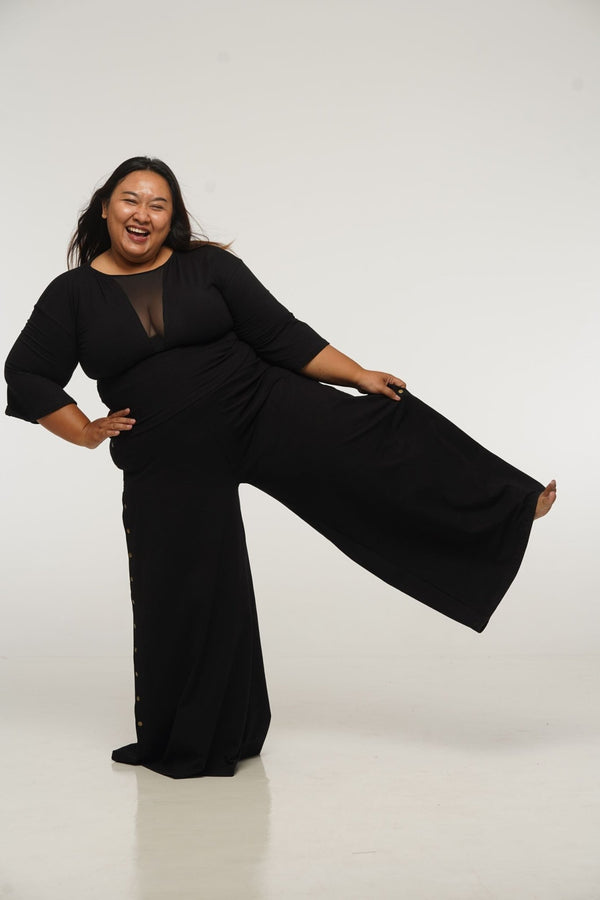 Asri Wide Leg Popper Pants in Black - Manners London