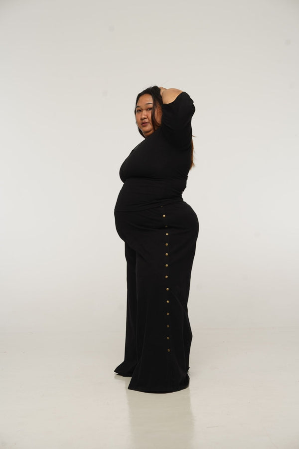 Asri Wide Leg Popper Pants in Black - Manners London